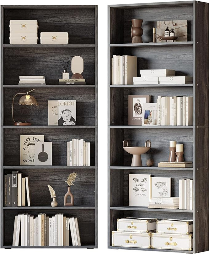 IRONCK Bookshelves and Bookcases Set of 2 Floor Standing 6 Tier Display Storage Shelves 70in Tall Bookcase Home Decor Furniture for Home Office, Living Room, Bed Room - LeafyLoom