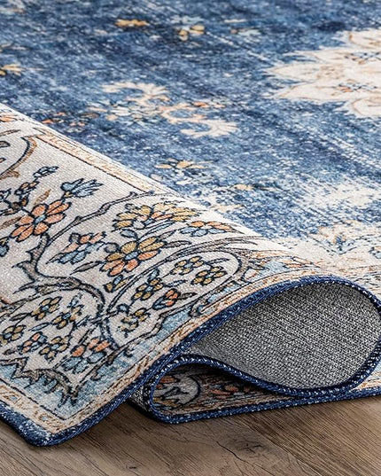 nuLOOM Ren Vintage Floral Machine Washable Ultra Thin Area Rug, 8x10, Blue - LeafyLoom