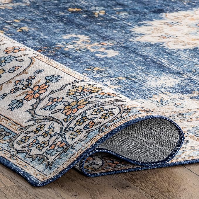 nuLOOM Ren Vintage Floral Machine Washable Ultra Thin Area Rug, 8x10, Blue - LeafyLoom