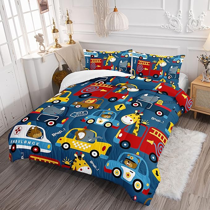 Datura home Kids Cartoon Car Comforter Set for Boys Kids Children,Transportation Car Police Car Kawaii Animals Printed Bedding Set with 1 Comforter and 2 Pillowcases(Cartoon Car Full) - LeafyLoom