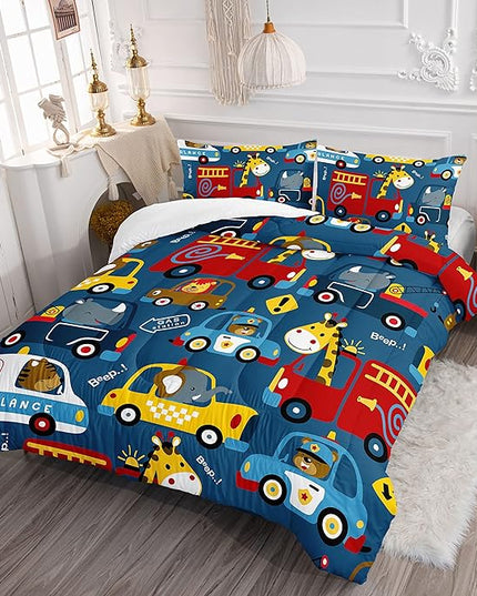 Datura home Kids Cartoon Car Comforter Set for Boys Kids Children,Transportation Car Police Car Kawaii Animals Printed Bedding Set with 1 Comforter, 2 Pillowcases(Cartoon Car Twin), Twin 68x86inches - LeafyLoom