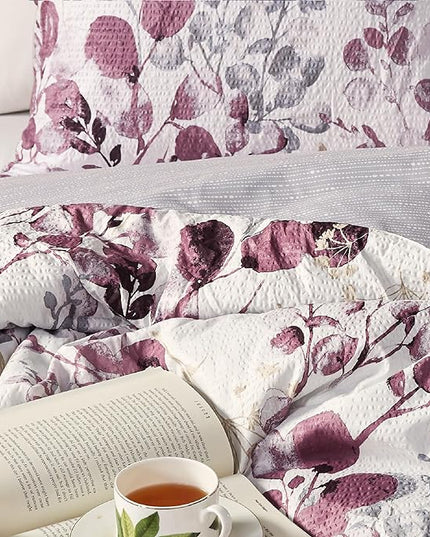 Codi Floral Twin Comforter Set for Teen Girls, Spring Lavender Bedding Sets with Soft Seersucker 2pcs - 1 Flower Comforters and 1 Pillows Case, Lilac Purple - LeafyLoom