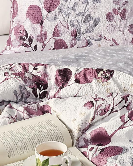 Codi Floral Twin Comforter Set for Teen Girls, Spring Lavender Bedding Sets with Soft Seersucker 2pcs - 1 Flower Comforters and 1 Pillows Case, Lilac Purple - LeafyLoom