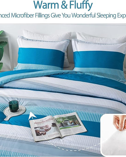 Andency Stripe Comforter Set Twin Size (66x90 Inch), 2 Pieces Teal Patchwork Striped Comforter, Soft Microfiber Down Alternative Comforter Bedding Set with Corner Loops - LeafyLoom