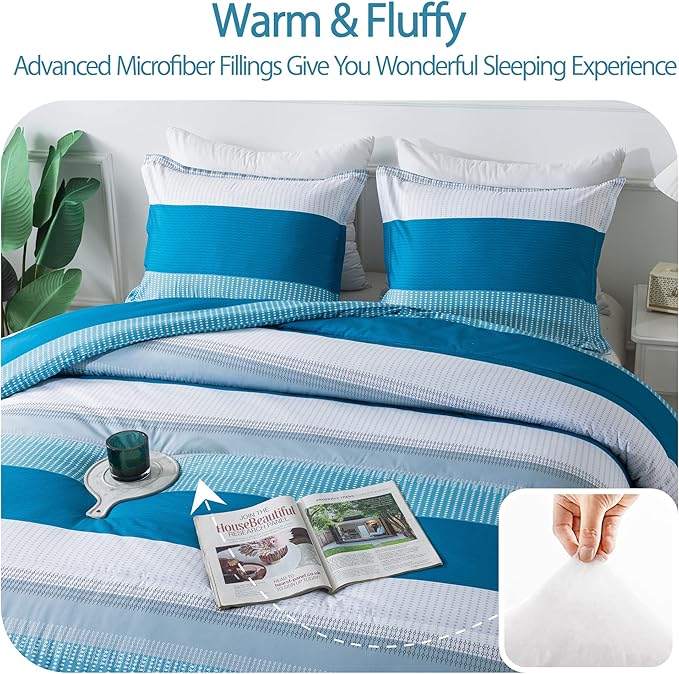 Andency Stripe Comforter Set Twin Size (66x90 Inch), 2 Pieces Teal Patchwork Striped Comforter, Soft Microfiber Down Alternative Comforter Bedding Set with Corner Loops - LeafyLoom