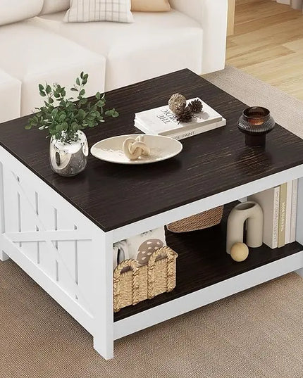 YITAHOME Coffee Table Farmhouse Coffee Table with Storage Rustic Wood Cocktail Table,Square Coffee Table for Living Meeting Room with Half Open Storage Compartment,Dark Brown - LeafyLoom