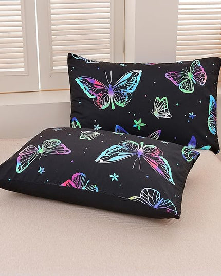 Btargot 3 Piece Butterfly Pattern Girls Comforter Set with 2 Pillow Covers, Gradient Line Rainbow Printed Bedding Set for Women, Queen Black - LeafyLoom