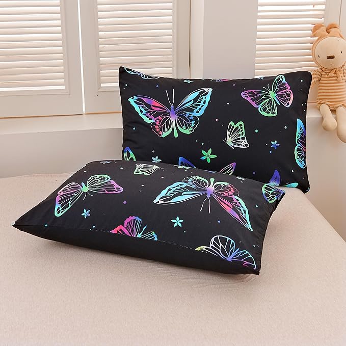 Btargot 3 Piece Butterfly Pattern Girls Comforter Set with 2 Pillow Covers, Gradient Line Rainbow Printed Bedding Set for Women, Queen Black - LeafyLoom