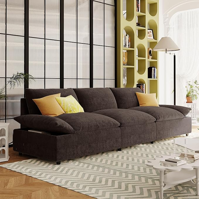 119.5'' 3 Seater Modern Sectional Sofa with 2 Built-in Storage Units on Armrest, Large Seating Depth Design Upholstered Couch Set for Living Room, Office, Apartment, Gray, 119.5 Inch - LeafyLoom
