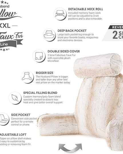 Husband Pillow XXL Rare Baby Coyote Fabulous Faux Fur Backrest, 2-Tone Reversible Double Sided Reading & Bed Rest Pillow with Arms & Neck Roll, Adjustable Memory Foam - Sit Up Extremely Comfy - LeafyLoom