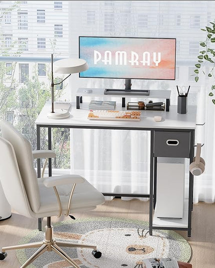 Pamray 39 Inch Computer Desk with Monitor Stand Small Home Office Desks with Non-woven Storage Drawer for Bedroom Study Table Writing and Work Desk White - LeafyLoom
