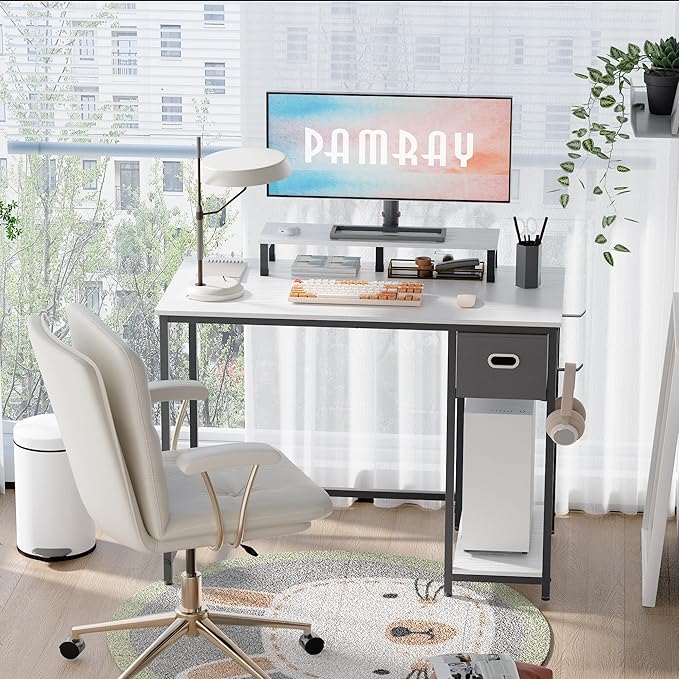 Pamray 39 Inch Computer Desk with Monitor Stand Small Home Office Desks with Non-woven Storage Drawer for Bedroom Study Table Writing and Work Desk White - LeafyLoom