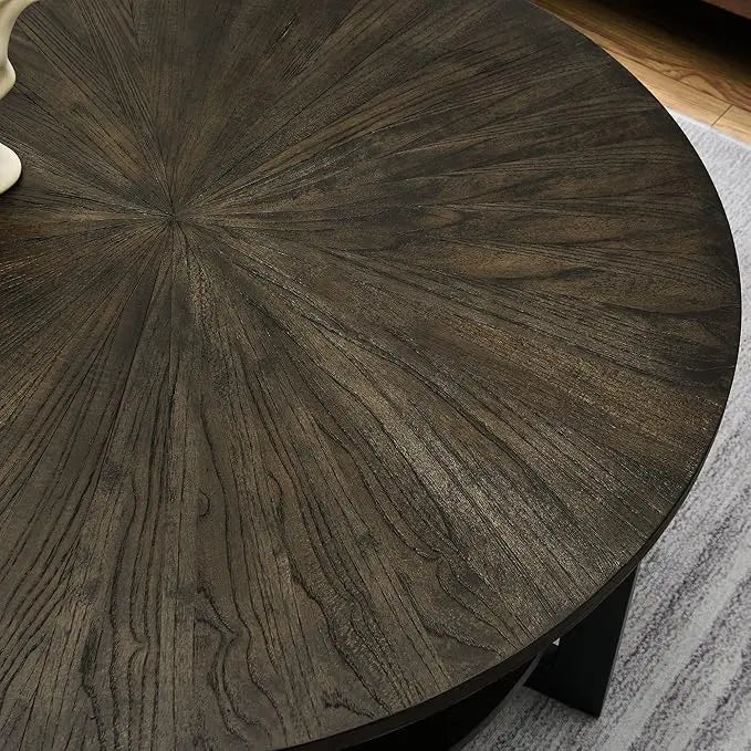 MODERION Round Coffee Table with Storage Shelf, Farmhouse Living Room Cocktail Table with Black Metal Legs, Circular Solid Wood Center Tea/ Sofa Table, 35.3''Dx17.8''H, Brushed Black KFZ1338BK - LeafyLoom