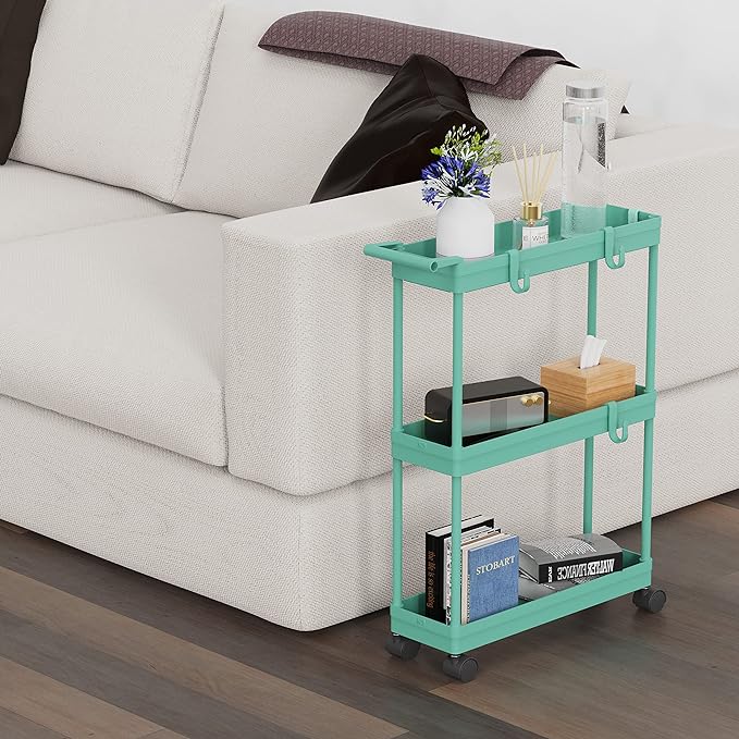 Simple Houseware Kitchen Cart Storage 3-Tier Slim/Super Narrow Shelves with Handle, 26.5'' Height/5.5'' Width for Narrow Place, Turquoise - LeafyLoom