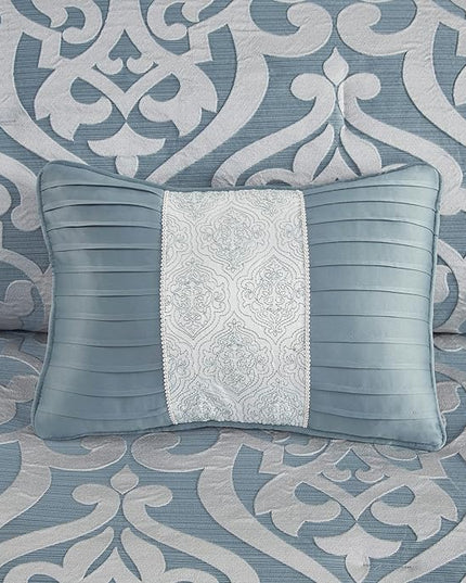 Madison Park Odette Cozy Comforter Set Jacquard Damask Medallion Design - Modern All Season, Down Alternative Bedding, Shams, Decorative Pillows, Queen(90 in x 90 in), Aqua - LeafyLoom