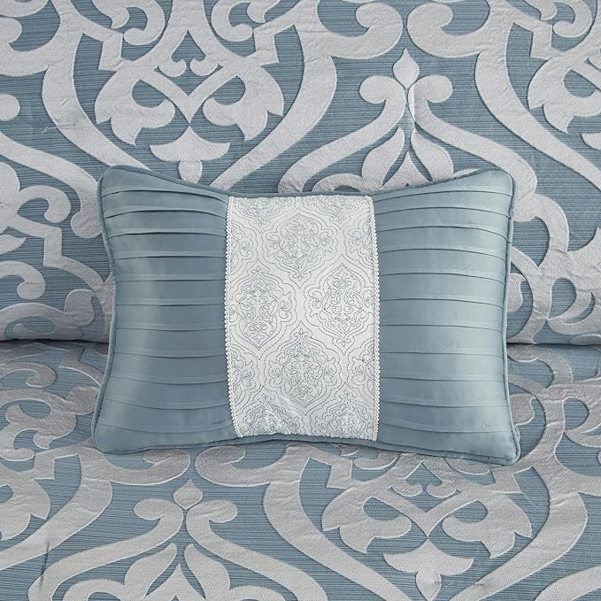 Madison Park Odette Cozy Comforter Set Jacquard Damask Medallion Design - Modern All Season, Down Alternative Bedding, Shams, Decorative Pillows, Queen(90 in x 90 in), Aqua - LeafyLoom