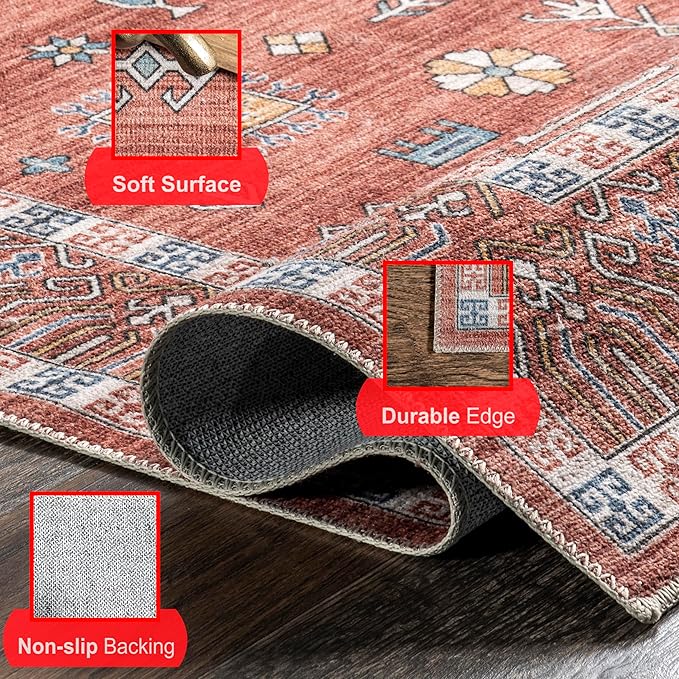 nuLOOM Tama Circle Medallion Machine Washable Ultra Thin Area Rug, 4x6, Red - LeafyLoom
