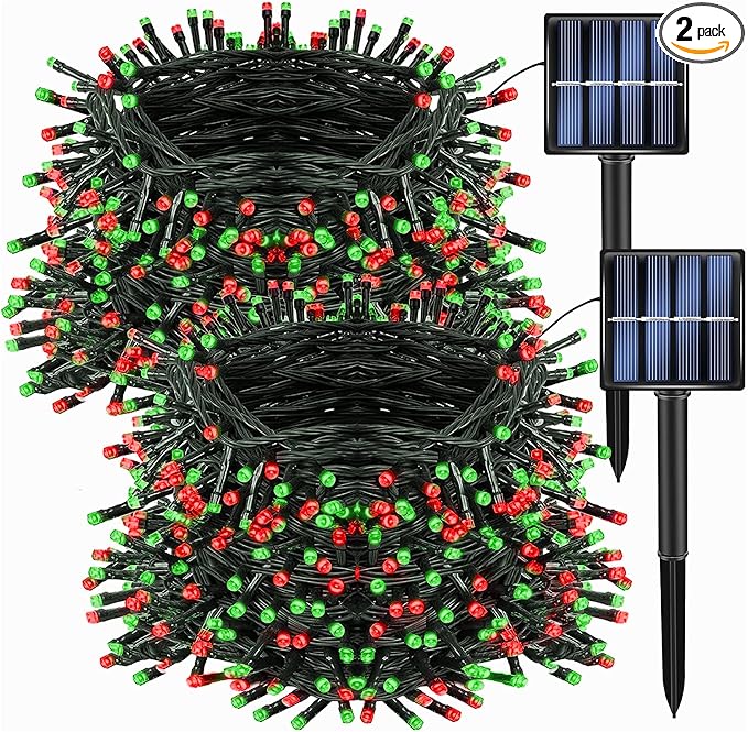 Dazzle Bright 2 Pack Total 132FT 400LED Red and Green Christmas Solar String Outdoor Lights, Solar Powered with 8 Modes Waterproof Fairy Lights for Bedroom Patio Garden Tree Party Yard Decoration DazzleBright