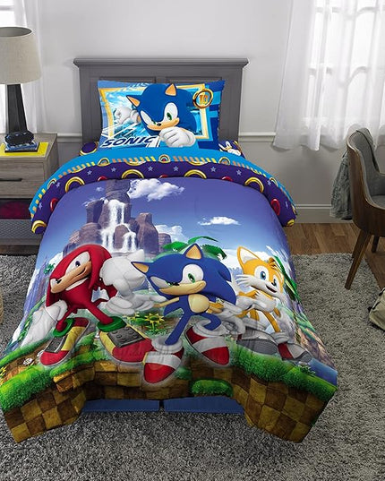 Franco Kids Bedding Super Soft Comforter and Sheet Set, 4 Piece Twin Size, Sonic The Hedgehog, Anime - LeafyLoom