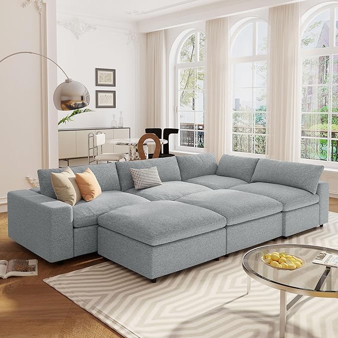 152.8" U-Shaped Down Filled Modular Sectional Sofa with 2 Removable Ottoman, Modern 6-Seat Convertible Upholstered Couch for Living Room, Apartment, Spacious Space, Light Gray, 152.8 Inch - LeafyLoom