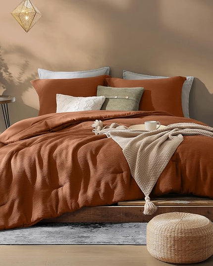 Burnt Orange King Size Comforter Set, Premium Summer King Bedding Set 3 Piece, Crinkle Design King Bed Set with Minimalist Comforter & Shams (King, 102"x90") - LeafyLoom