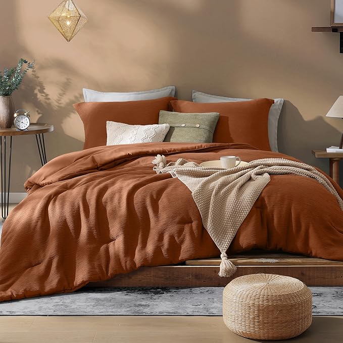Burnt Orange King Size Comforter Set, Premium Summer King Bedding Set 3 Piece, Crinkle Design King Bed Set with Minimalist Comforter & Shams (King, 102"x90") - LeafyLoom