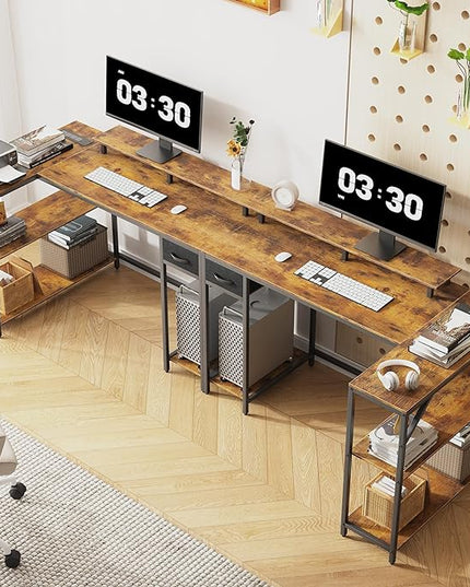 L Shaped Computer Desk with LED Light and Power Outlet, 47" Reversible L Shaped Desk with Monitor Stands and Drawers, Gaming Desk with Shelves and 2 Hooks for Home Office Bedroom - LeafyLoom