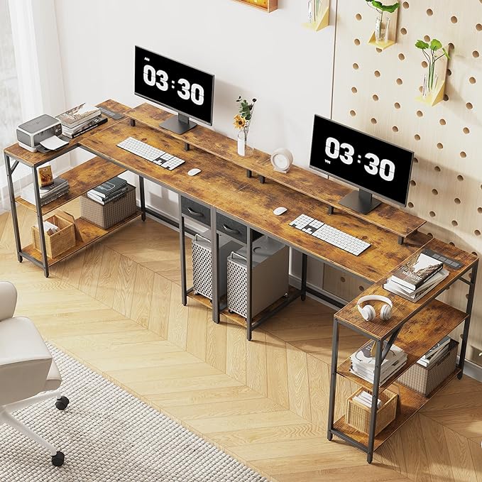 L Shaped Computer Desk with LED Light and Power Outlet, 47" Reversible L Shaped Desk with Monitor Stands and Drawers, Gaming Desk with Shelves and 2 Hooks for Home Office Bedroom - LeafyLoom