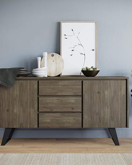 SIMPLIHOME Lowry SOLID ACACIA WOOD and Metal 60 Inch Wide Rectangle Modern Industrial Sideboard Buffet in Distressed Grey, For the Dining Room and Kitchen - LeafyLoom