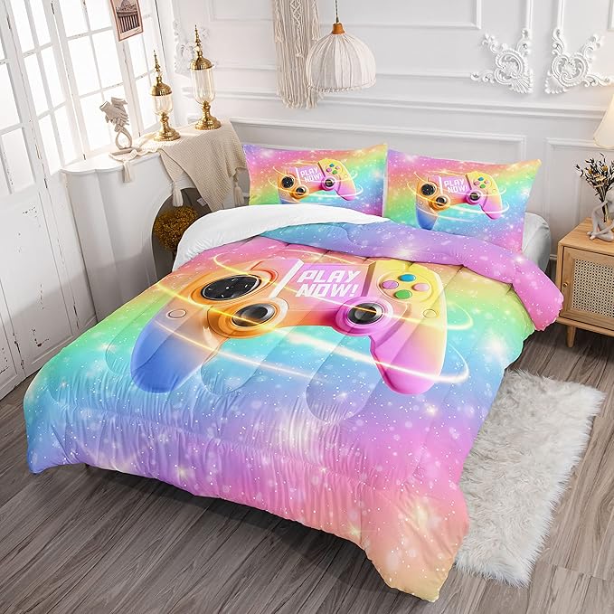 Datura home Bedding Comforter Set Rainbow Gamepad Printed Pattern Quilt with 1 and 2 Pillowcases for Girls Bedroom All Season(Rainbow Full) Full 80x90inches - LeafyLoom