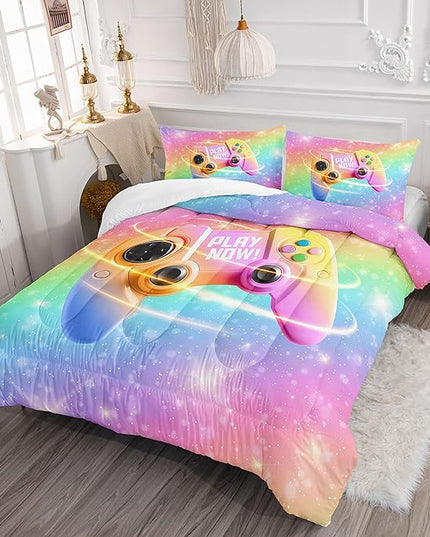 Datura home Bedding Comforter Set Rainbow Gamepad Printed Pattern Quilt with 1 and 2 Pillowcases for Girls Bedroom All Season(Rainbow Twin) Twin 68x86inches - LeafyLoom