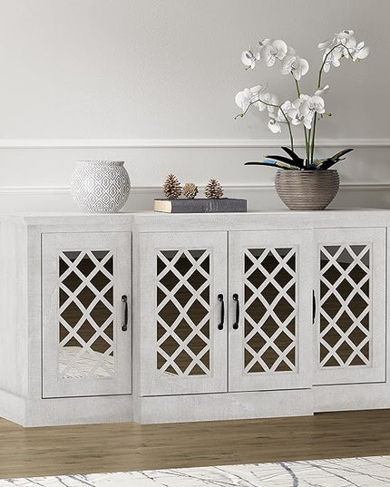 Galano Millicent Wide Sideboard Buffet Cabinet, Kitchen Storage Cabinet with Acrylic Mirror Doors, Cupboard Console Table, Rustic Farmhouse Buffet Display for Coffee Bar, Dusty Grey Oak - LeafyLoom