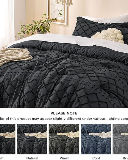 Bedsure Queen Comforter Set - Black Comforter, Boho Tufted Shabby Chic Bedding Comforter Set, 3 Pieces Vintage Farmhouse Bed Set for All Seasons, Fluffy Soft Bedding Set with 2 Pillow Shams - LeafyLoom