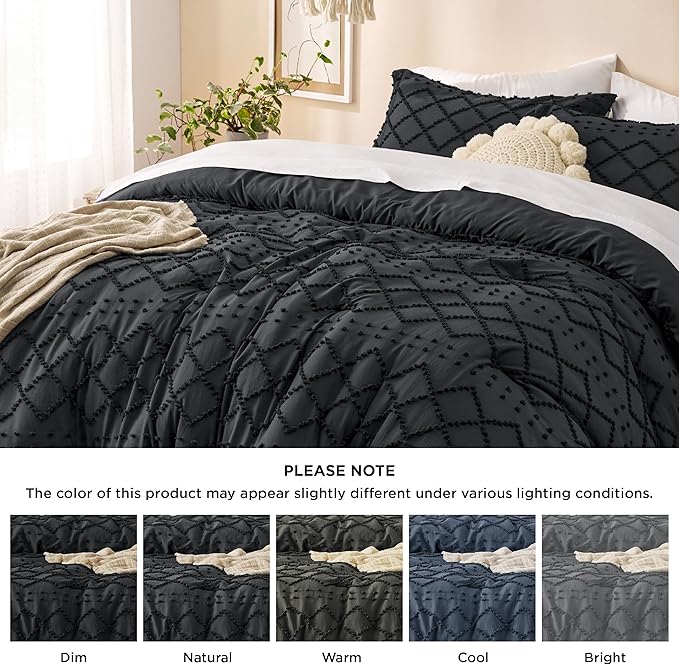 Bedsure Full Size Comforter Set - Black Comforter, Boho Tufted Shabby Chic Bedding Comforter Set, 3 Pieces Vintage Farmhouse Bed Set for All Seasons, Fluffy Soft Bedding Set with 2 Pillow Shams - LeafyLoom