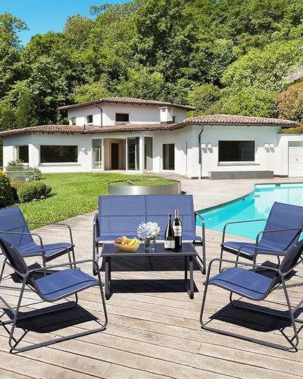 4 Pieces Patio Furniture Set Outdoor Patio Conversation Sets Poolside Lawn Chairs with Glass Coffee Table Porch Furniture for Courtyard, Garden and Balcony (Blue) - LeafyLoom