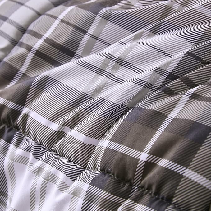 Madison Park Essentials Parkston Plaid Comforter, Matching Sham, 3M Scotchguard Stain Release Cover, Hypoallergenic All Season Bedding-Set, Twin/ Twin XL, Brown, 2 Piece - LeafyLoom