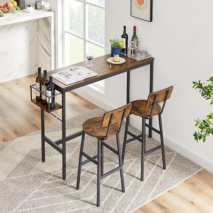NicBex Dining Table Kitchen Table and Chairs 2 Person Dining Table Set Bar Table Set with Metal Frame and Wine Bottle Storage Rack for Dining Room and Restaurant, Rustic Brown - LeafyLoom