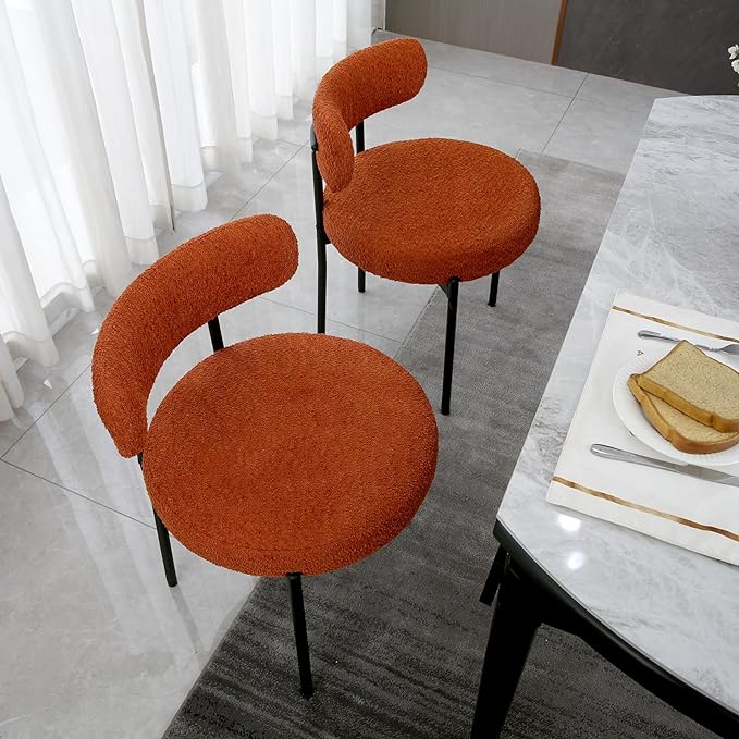 Orange Dining Chairs Set of 4 Round Upholstered Boucle Dining Room Chairs Mid-Century Modern Kitchen Chairs Curved Backrest Chairs for Dining Room Black Metal Legs - LeafyLoom