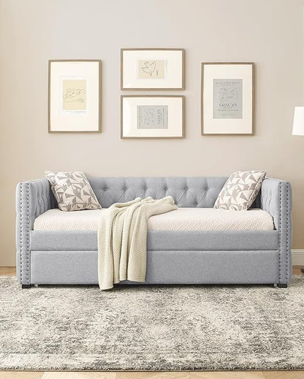 Linen Upholstered Twin Size Daybed with Twin Trundle, Wooden Sofa Bed Frame w/Button Tufted and Copper Nail on Square Arms, for Bedroom, Guest Room, No Spring Box Need, Grey - LeafyLoom