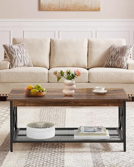 VECELO Coffee Center Table with Storage Shelf for Living Room Office Reception, Rectangle, Brown - LeafyLoom