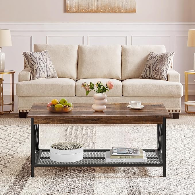 VECELO Coffee Center Table with Storage Shelf for Living Room Office Reception, Rectangle, Brown - LeafyLoom
