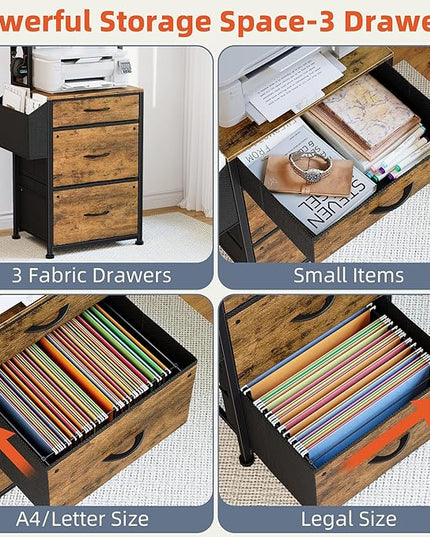 3 Drawer File Cabinet with Charging Station, Fabric Drawer, 4-Tier Tall Filing Cabinet with Adjustable Bookshelf, 69''H File Cabinet for Home Office Fits A4/Letter/Legal, Rustic Brown - LeafyLoom