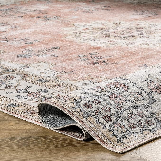 NuLOOM Ren Vintage Floral Machine Washable Ultra Thin Runner Rug, 2' 6" x 6', Peach - LeafyLoom