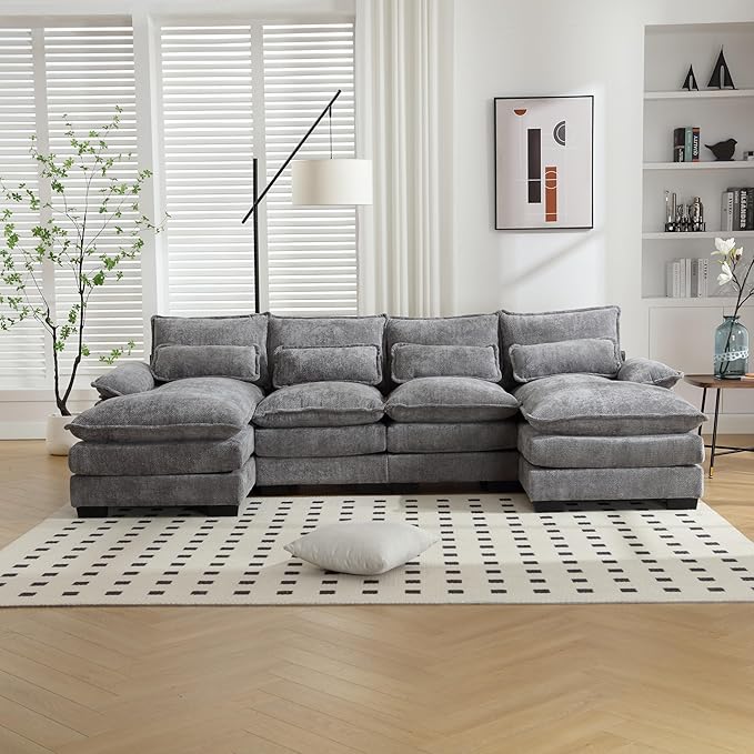 6 Seater Overstuffed Modular Sectional Sofa Cloud Couch with Double Chaise Lounge, U Shaped Chenille Upholstered Leisure Sofa&Couches with Memory Foam and Waist Pillows for Living Room Office - LeafyLoom