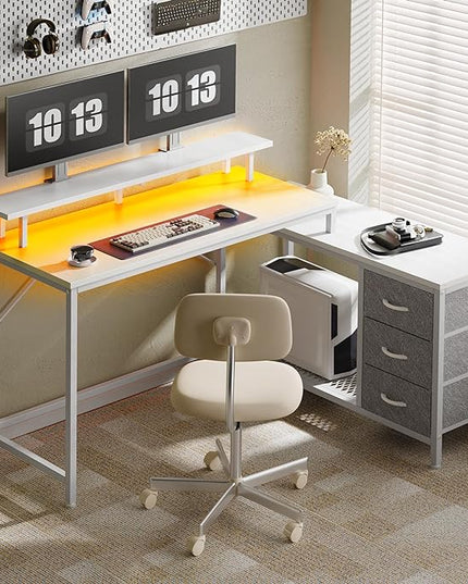 Reversible L Shaped Computer Desk with Drawers, Gaming Desk with LED Lights and Power Outlets, Office Desk with Storage Shelves, Corner Desk with Monitor Stand, for Home & Office, White - LeafyLoom
