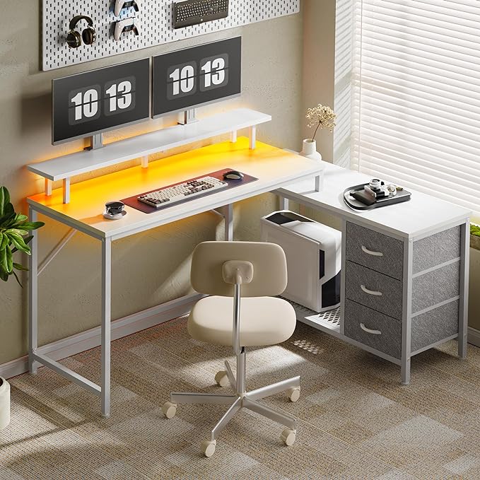 Reversible L Shaped Computer Desk with Drawers, Gaming Desk with LED Lights and Power Outlets, Office Desk with Storage Shelves, Corner Desk with Monitor Stand, for Home & Office, White - LeafyLoom