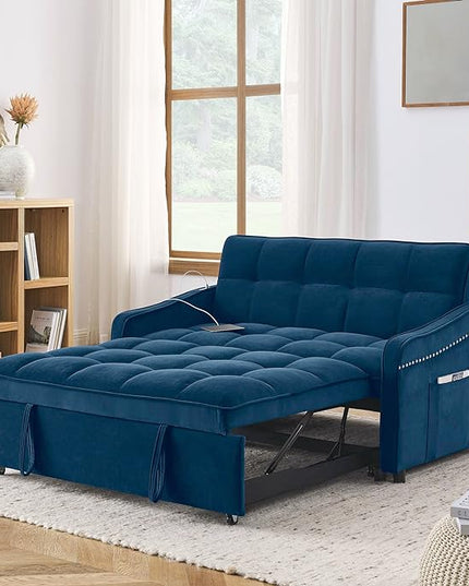 Functional Love Seat Sofabed W/TypeC & USB Port and Copper Nail Decor, Modern Loveseat Sofa Convertible Pull Out Sleeper Couch Bed for Apartment Office Living Room, 53.", Blue-1413 - LeafyLoom
