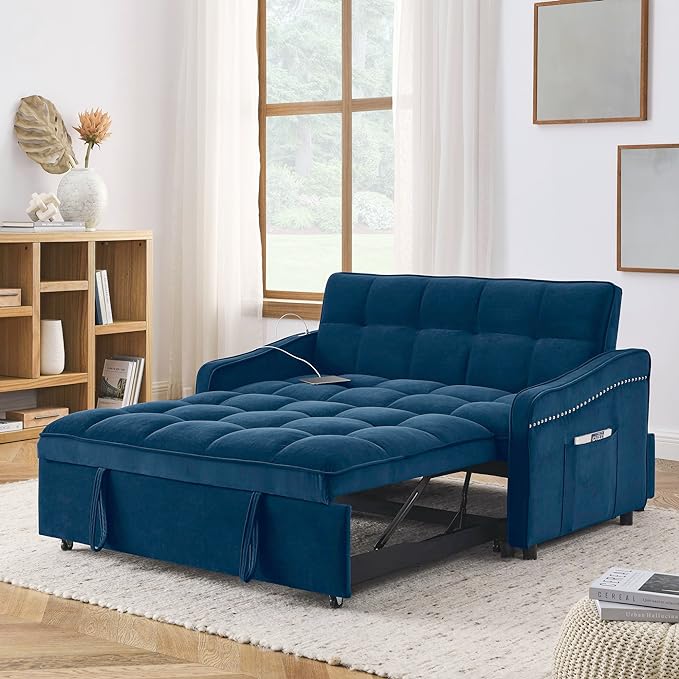 Functional Love Seat Sofabed W/TypeC & USB Port and Copper Nail Decor, Modern Loveseat Sofa Convertible Pull Out Sleeper Couch Bed for Apartment Office Living Room, 53.", Blue-1413 - LeafyLoom