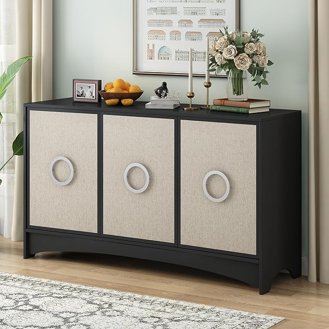 58.2“ Curved Design Storage Cabinet with Linen Material and Metal Round Handle Door,Wooden Console Table,W/Adjustable Shelves,Suitable for Corridors,Entrances,Living Rooms,Study,Beige - LeafyLoom