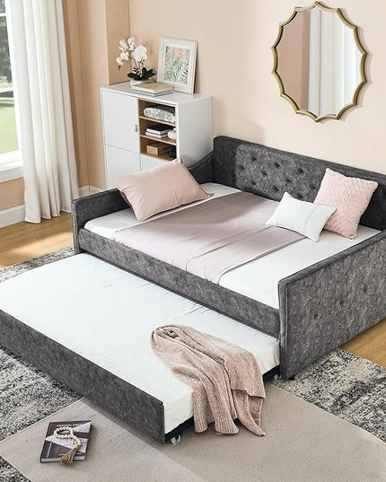 Full Upholstered Tufted Daybed with Twin Size Trundle, Pull Out Button on Back Bed, Waved Shape Arms, No Need Boxing Spring,for Bedroom, Living Room, Grey-3 - LeafyLoom